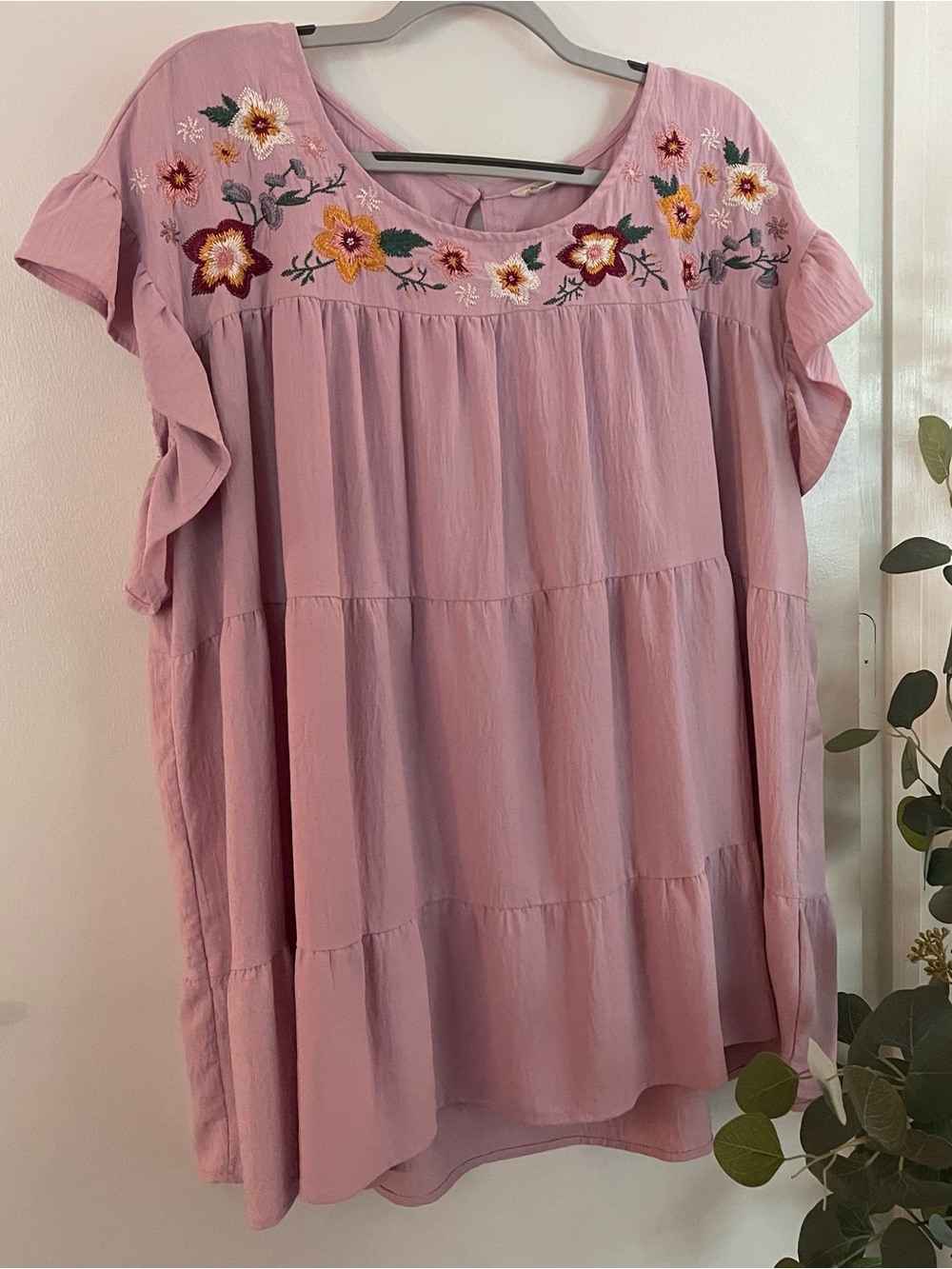 ODDY Embroidered Ruffle Sleeve Tunic - Pink